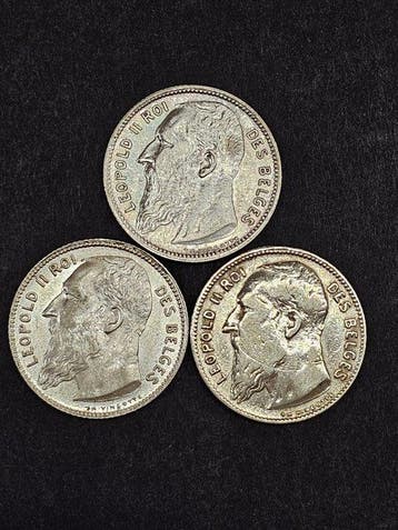 België. 1 Franc 1904 Frans + 1909 Frans (2x) (Zonder