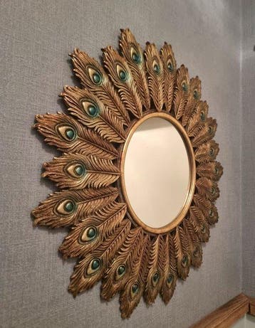 Miroir mural - Verre, paon, Antiquités & Art