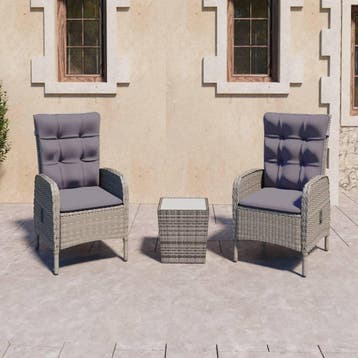 vidaXL 3-delige Bistroset poly rattan en glas grijs, Tuin en Terras, Verzenden, Nieuw
