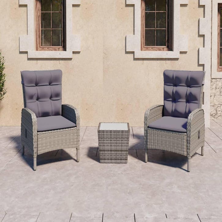 vidaXL 3-delige Bistroset poly rattan en glas grijs, Tuin en Terras, Tuinsets en Loungesets, Nieuw, Verzenden