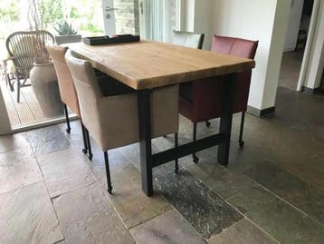 Set van 4 leren kuip eetkamerstoelen - met wieltjes -, Huis en Inrichting, Stoelen, Ophalen of Verzenden, Nieuw, Eén