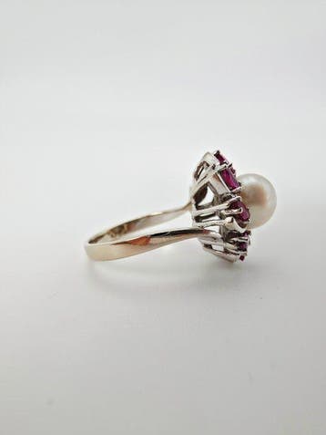 Ring - 14 karaat Witgoud Parel - Robijn - Akoya 8,5 mm