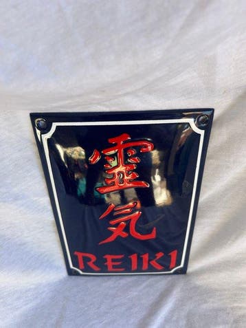 Vintage emaille REIKI bord – Japans design – donkerblauw met