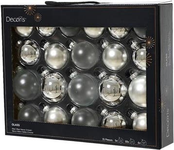 Kerstballen glas assortiment zilver kleuren 7 cm doos 21