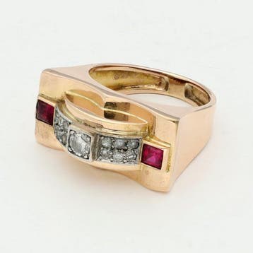 Bague - 14 carats Or jaune - Diamant - Robijn