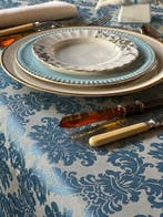 Tafelkleed voor grote tafels, blauw damast. - Tafelkleed -