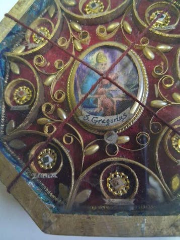 Reliekhouder - Hout, Goud, Verguld, Messing, Papier,, Antiek en Kunst