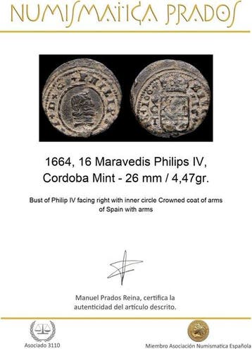 Spanje. Felipe IV. 16 Maravedís 1664 Cordoba Mint (Zonder