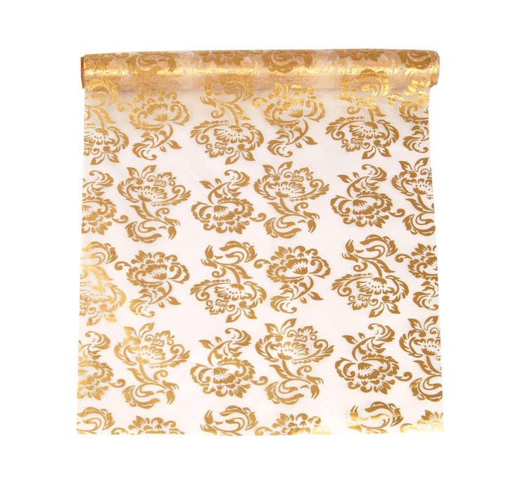 Witte Organza Stof Gouden en Zilveren Koningsbloem print 36c, Hobby en Vrije tijd, Feestartikelen, Nieuw, Verzenden