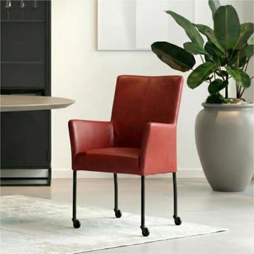 Set van 6 Leren eetkamerstoelen Comfort met wieltjes en, Ophalen of Verzenden, Nieuw, Leer