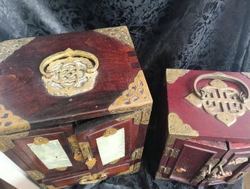 Boîte à bijoux (2) - Bois, Textile, Laiton - Par de, Antiquités & Art, Curiosités & Brocante