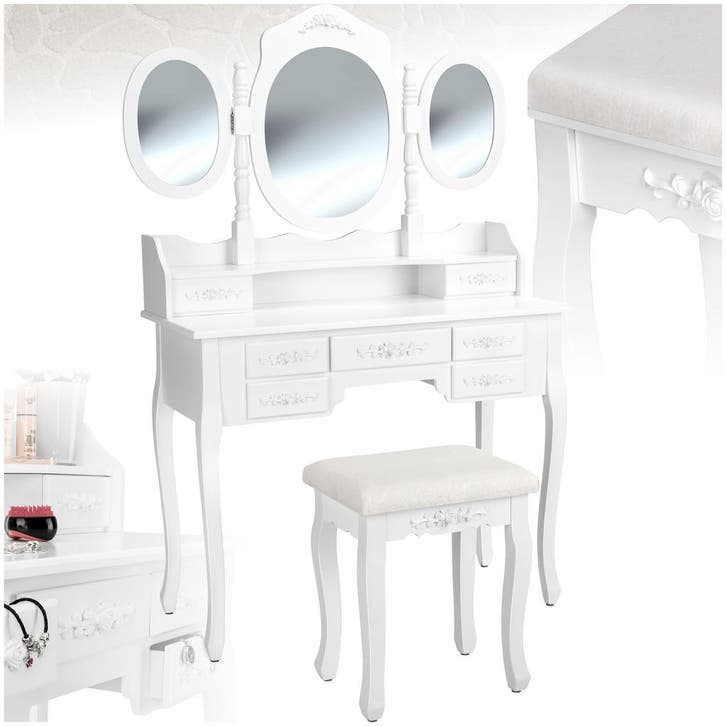 Makeup-tafel met 7 lades, spiegel en hocker in antieke look, Maison & Meubles, Tables | Coiffeuses, Envoi