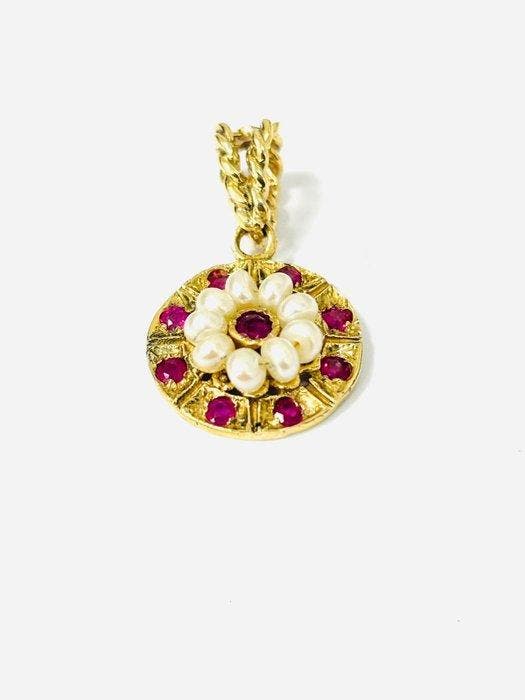 Hanger - 14 karaat Geel goud - 0.70ct. tw. Robijn - Parel -, Bijoux, Sacs & Beauté, Bijoux anciens