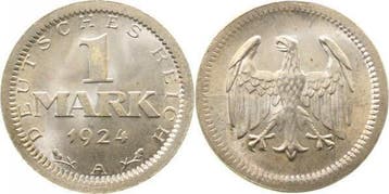 Duitsland 1 Mark 1924 A außerhalb des Ringes gepraegt J 3.., Verzenden, België
