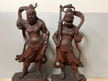 A Pair of large(59cm) wooden gilded Ni standing statues and