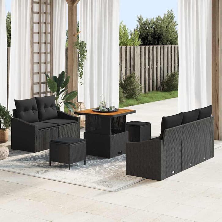 vidaXL Tuinbank Set met kussen 8 pcs Zwart poly rattan, Tuin en Terras, Tuinsets en Loungesets, Nieuw, Verzenden