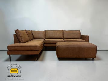 Hoekzetel cognac in microvezel met poef – tweedehands, Verzenden, Nieuw