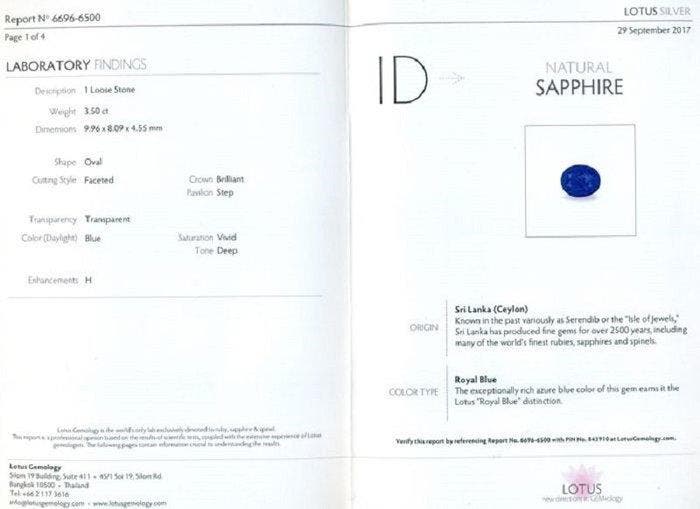 1 pcs Blauw Saffier - 3.50 ct - Lotus Gemology - Koninklijke, Bijoux, Sacs & Beauté, Pierres précieuses