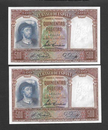 Spanje. - 2 x 500 and 2 x 5000 Pesetas 1931-1976, Postzegels en Munten