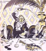 Spotprent met man die diner verstoort (lijst optie, Lithos), Verzenden