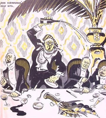 Spotprent met man die diner verstoort (lijst optie, Lithos), Verzenden