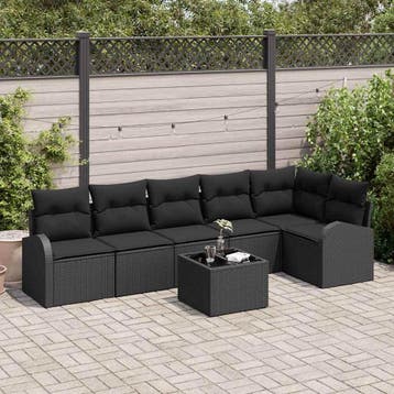 vidaXL Tuinbank Set met kussen 7 pcs Zwart Poly rattan, Verzenden, Nieuw