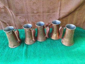 Bierpul (5) - Koper, Hout, Tin - Set koperen bekers, Antiek en Kunst, Antiek | Keukengerei