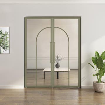 Dubbele stalen taatsdeur Olijfgroen 2 Vlaks rond Helder glas, Minder dan 80 cm, Overige typen, Nieuw, Metaal