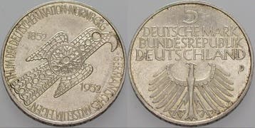 5 duitse Mark 1952 D 5 Mark Gedenkmunten Bondsrepubliek D..., Verzenden