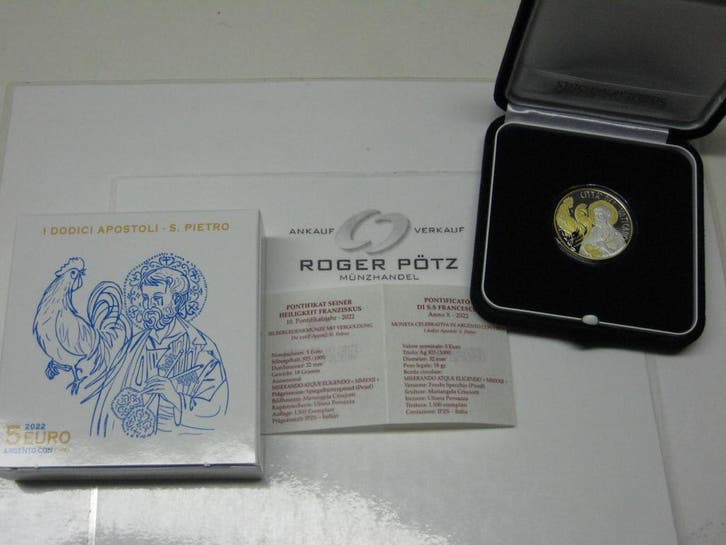 Vatikan 5 Euro 2022 Apostel S Pietro zilver mit 24 Karat..., Timbres & Monnaies, Monnaies | Europe | Monnaies euro, Envoi