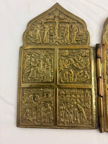 Icône - Quadriptyque orthodoxe russe en métal - Métal,, Antiquités & Art