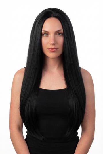 KIMU® Luxe Lange Zwarte Pruik Middenscheiding Haarwerk Krull, Ophalen of Verzenden