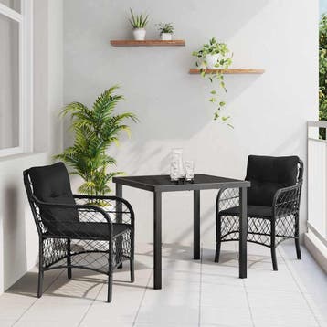 vidaXL Tuin Eettafel Set met kussen 3 pcs Zwart poly rattan, Tuin en Terras, Verzenden, Nieuw