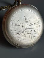 Antique Pocket Watch with Roman Dial, Scenic Back and Chain