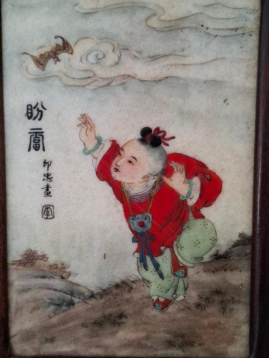 Chinees beschilderde marmeren plaquette / tafelscherm -, Antiek en Kunst, Antiek | Overige Antiek