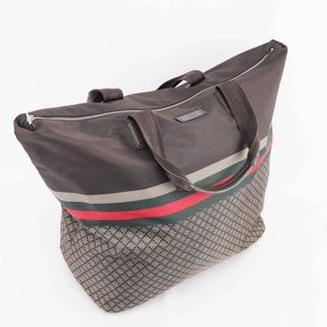 Gucci - Web Stripe Nylon Travel Tote Bag Brown Monogram, Nieuw