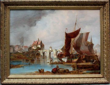 École britannique (XIX) - Harbour with a medieval bridge