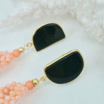 Koraal - Zilver, Verguld - Oorbellen - Roze koraal en onyx