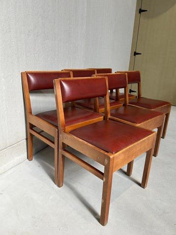 Stoel - hard hout, Synthetisch leder - Set van zes vintage