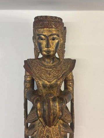 Grande Statua Devozionale Mandalay in Legno Laccato e Dorato, Antiek en Kunst