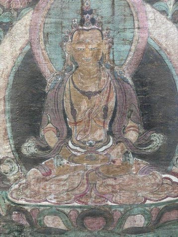Een Tibetaanse thangka van Amitayus (Boeddha van het