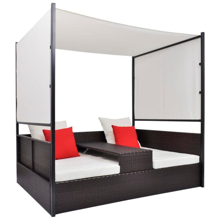vidaXL Tuinbed met luifel 190x130 cm poly rattan bruin, Tuin en Terras, Ligbedden, Nieuw, Verzenden