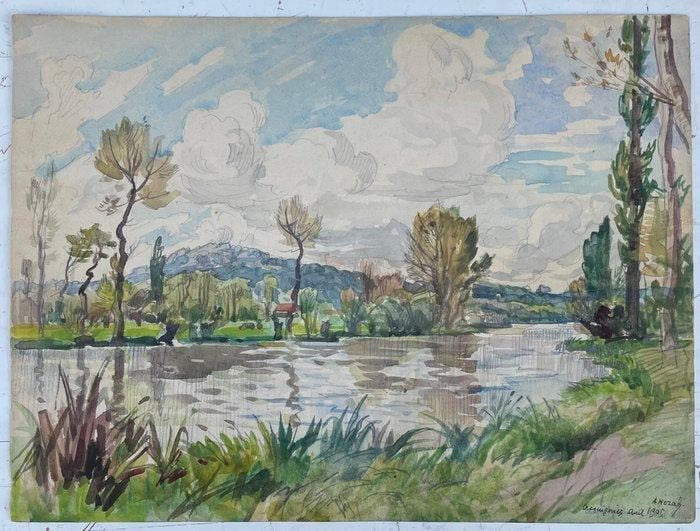Alexandre Nozal (1852–1929) - Paysage de bord de rivière à, Antiek en Kunst, Kunst | Schilderijen | Klassiek