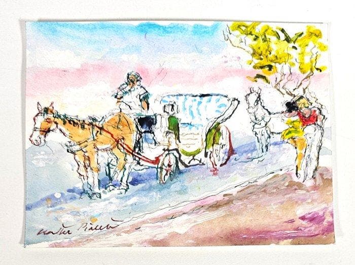Walter Piacesi (1929-2022) - Lattesa del vetturale, Antiquités & Art, Art | Peinture | Moderne