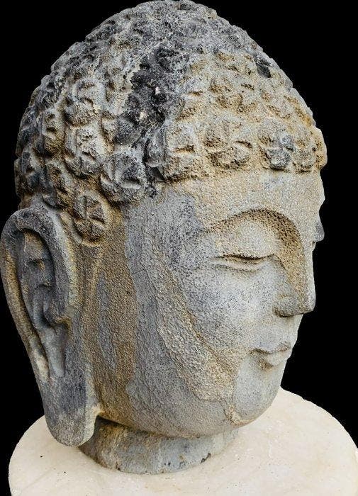 Beeld, Buddha met mooie haardracht - 27 cm - Arduin - Blauw, Antiek en Kunst, Curiosa en Brocante