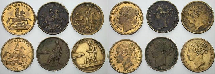 Lot von 6 Jetons 1830,2 x 1837,1846,1847,1854 Großbritann.., Timbres & Monnaies, Monnaies | Europe | Monnaies non-euro, Envoi