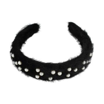 Haarband Diadeem 3cm – Teddy Imitatiebont – Parels – Zwart, Nieuw