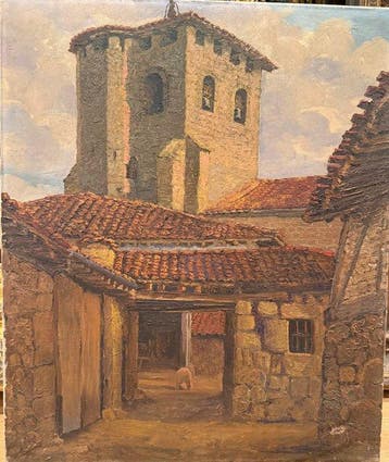 École européenne (XX) - Rustic Village with Church Bell, Antiquités & Art, Art | Peinture | Classique