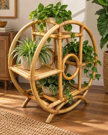 Plantentafel - Bamboe, rotan - sculpturaal plantenrek