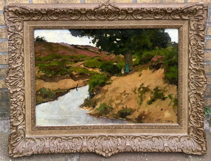 H Frauenfelder (1885-1922) - Vrouw en dochter wandelend bij, Antiek en Kunst, Kunst | Schilderijen | Klassiek